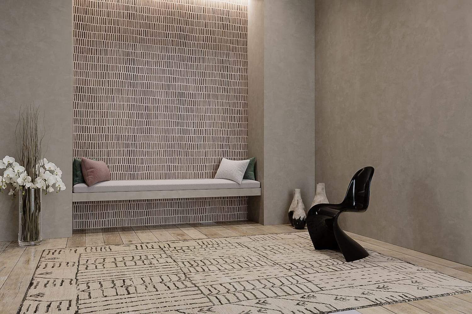 Installation shot of Amaleh II Ivory, a hand knotted rug designed by Tufenkian Artisan Carpets. room-image