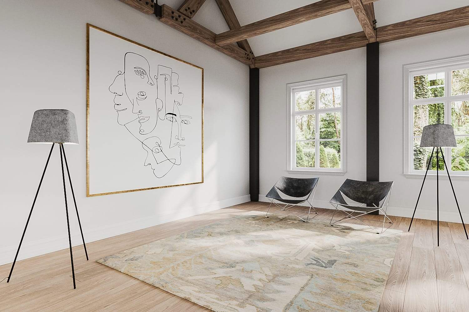Installation shot of Baneh Taupe, a hand knotted rug designed by Tufenkian Artisan Carpets. room-image