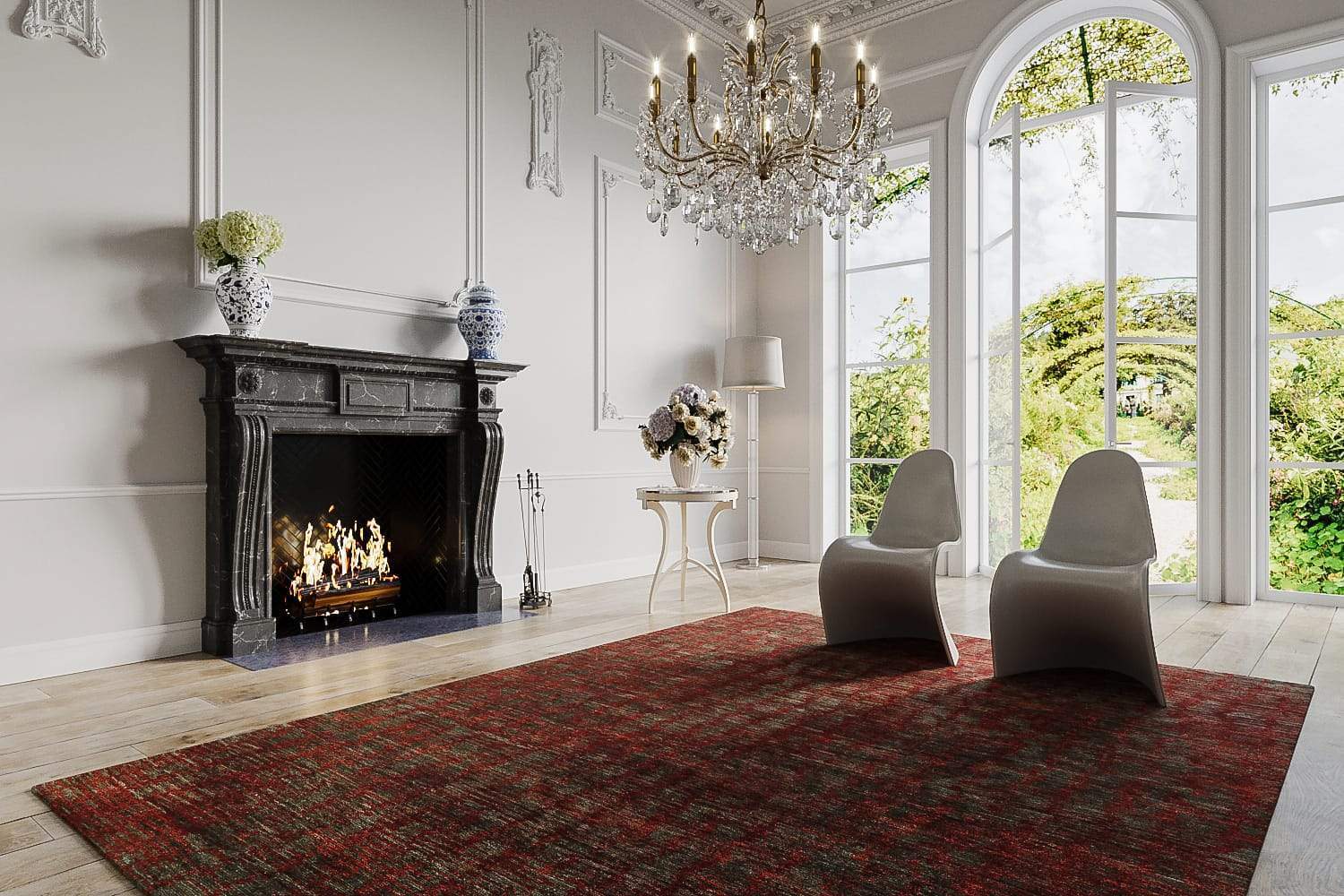 Installation image of Billow Taupe Rust, a hand knotted rug designed by Barbara Barry for Tufenkian room-image