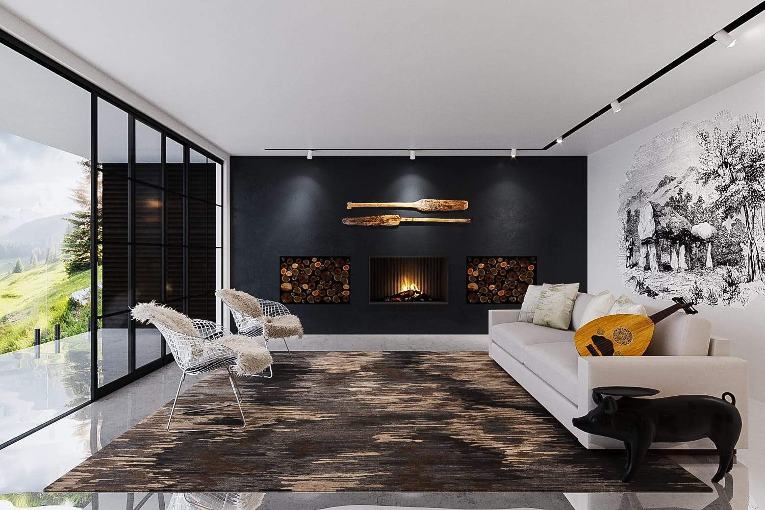 Installation image of Borealis Espresso, a hand knotted rug designed by Barbara Barry for Tufenkian room-image
