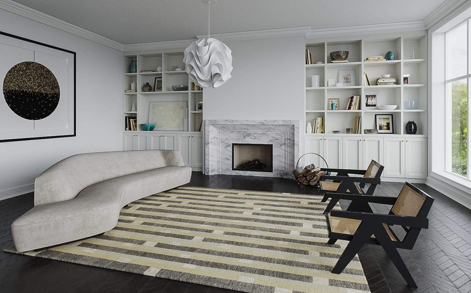 Installation shot of Box Step River Grass, a hand knotted rug designed by Tufenkian Artisan Carpets. room-image