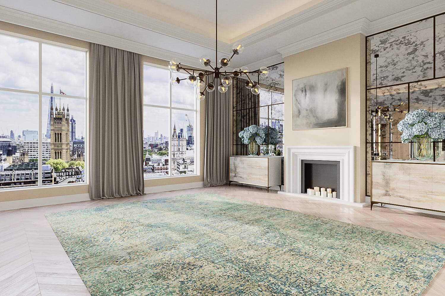 Installation image of Brilliance Powder, a hand knotted rug designed by Barbara Barry for Tufenkian room-image