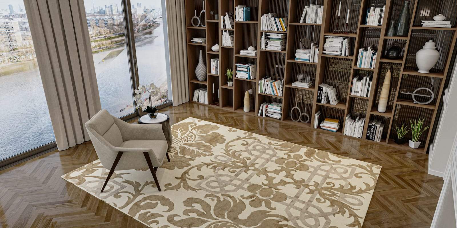 Lifestyle shot of Brocade Medici, a hand knotted rug designed by Tufenkian Artisan Carpets. room-image