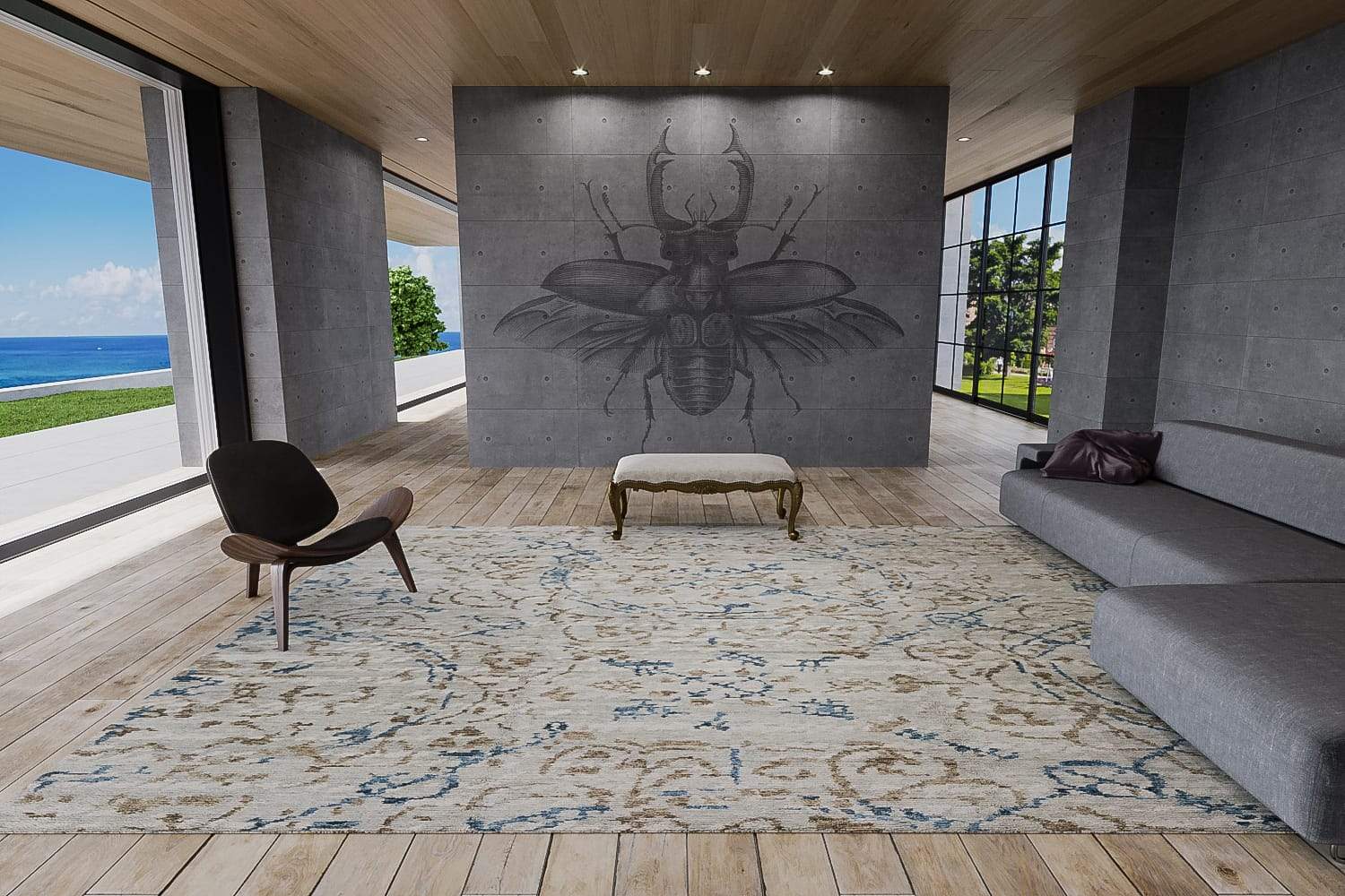 Installation image of Celestial Taupe, a hand knotted rug designed by Barbara Barry for Tufenkian room-image