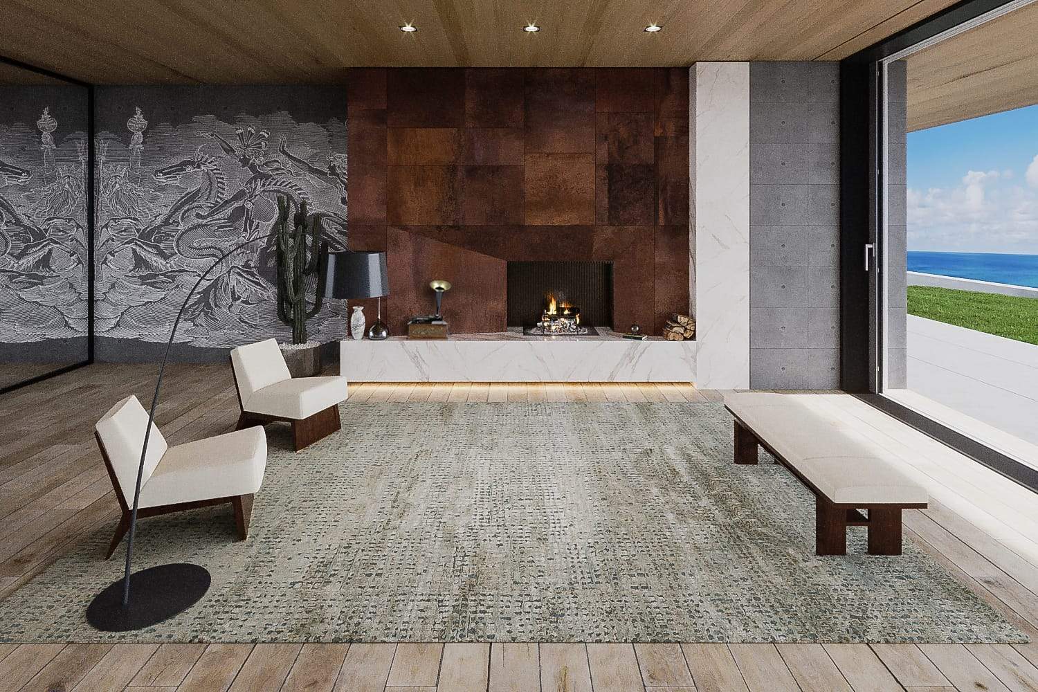 Installation image of Chiapas Ice Taupe, a hand knotted rug designed by Barbara Barry for Tufenkian room-image