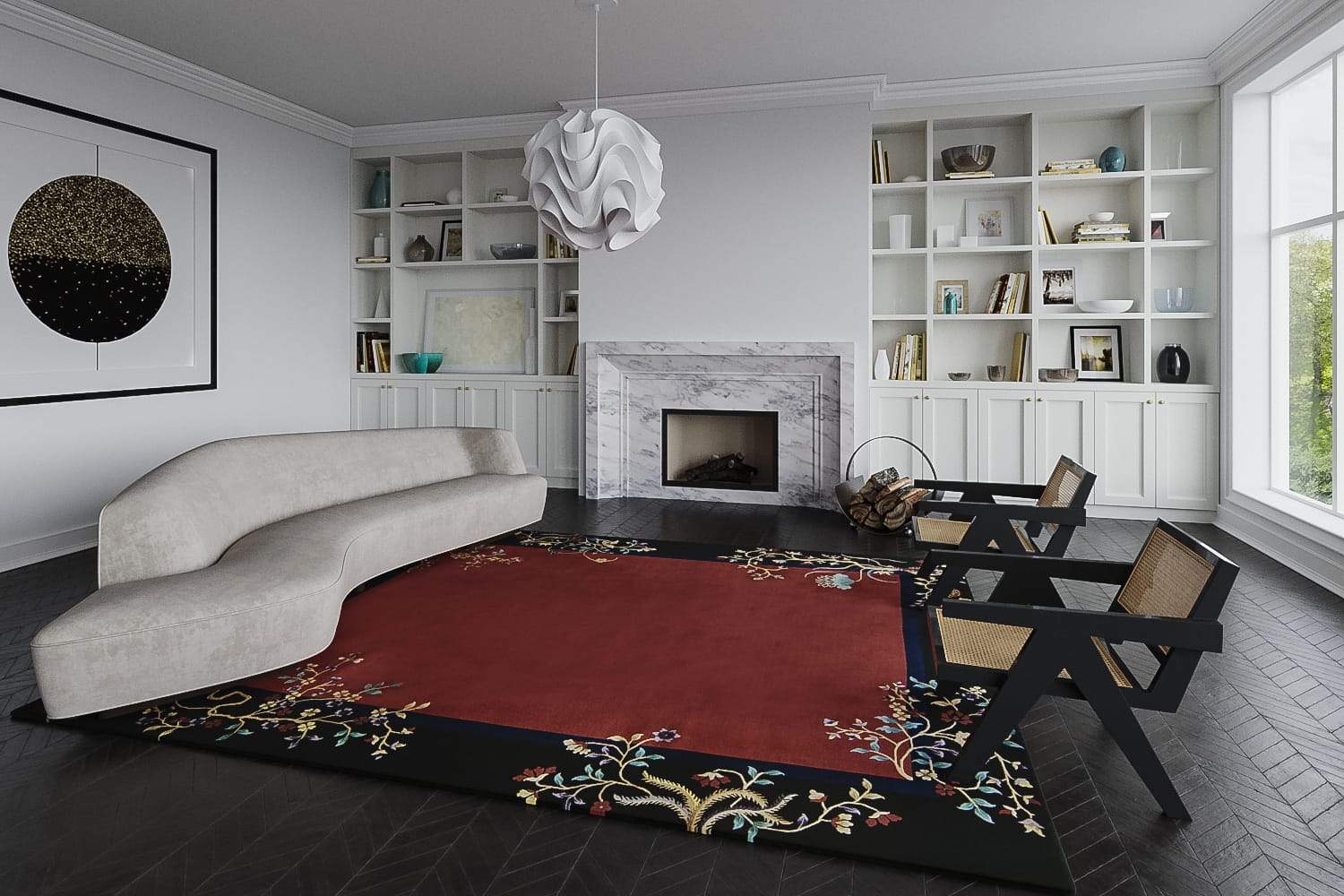Installation shot of CH Red Black, a hand knotted rug designed by Tufenkian Artisan Carpets. room-image