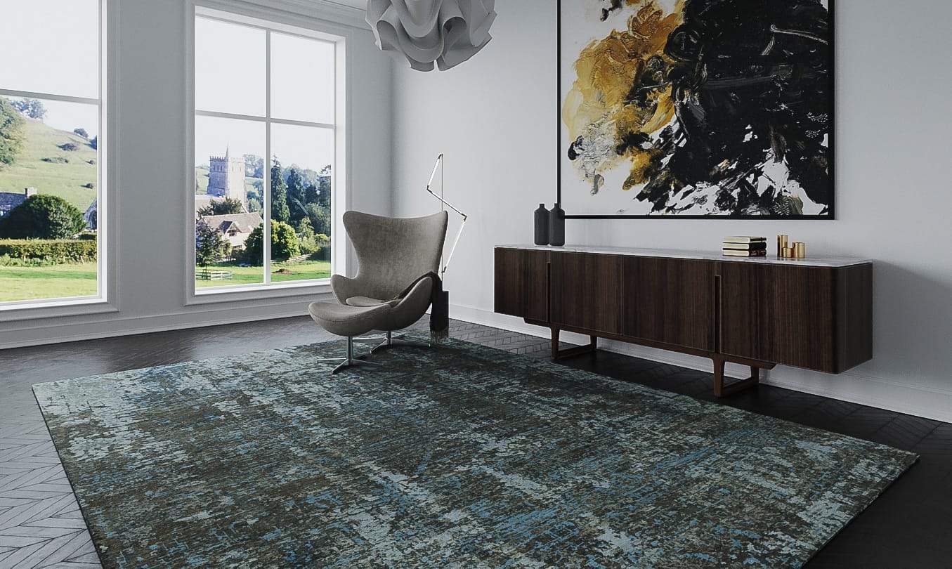 Installation shot of City Lights Lichen Blue, a hand knotted rug designed by Tufenkian Artisan Carpets. room-image