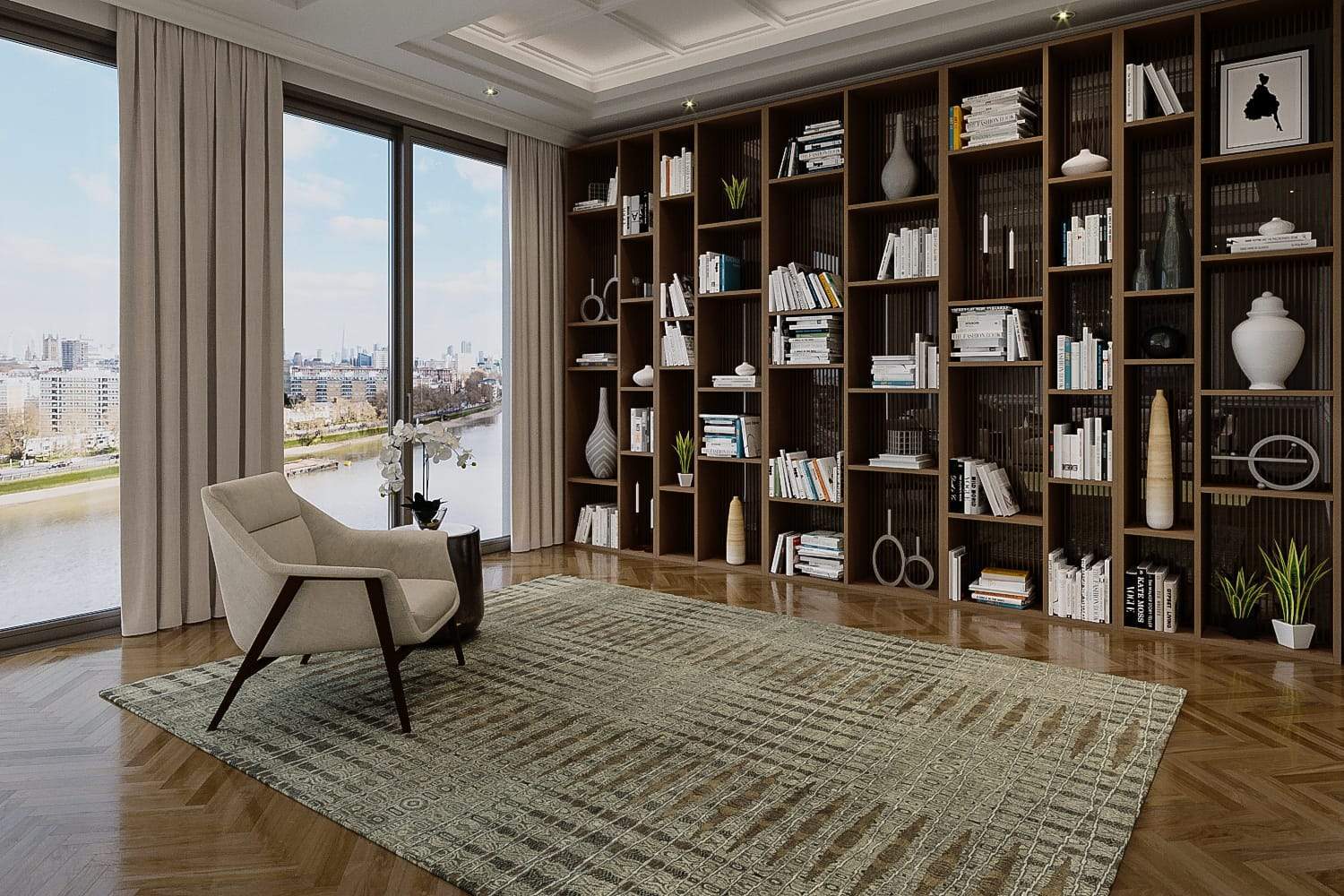 Installation shot of Crescendo Lichen Gold, a hand knotted rug designed by Tufenkian Artisan Carpets. room-image