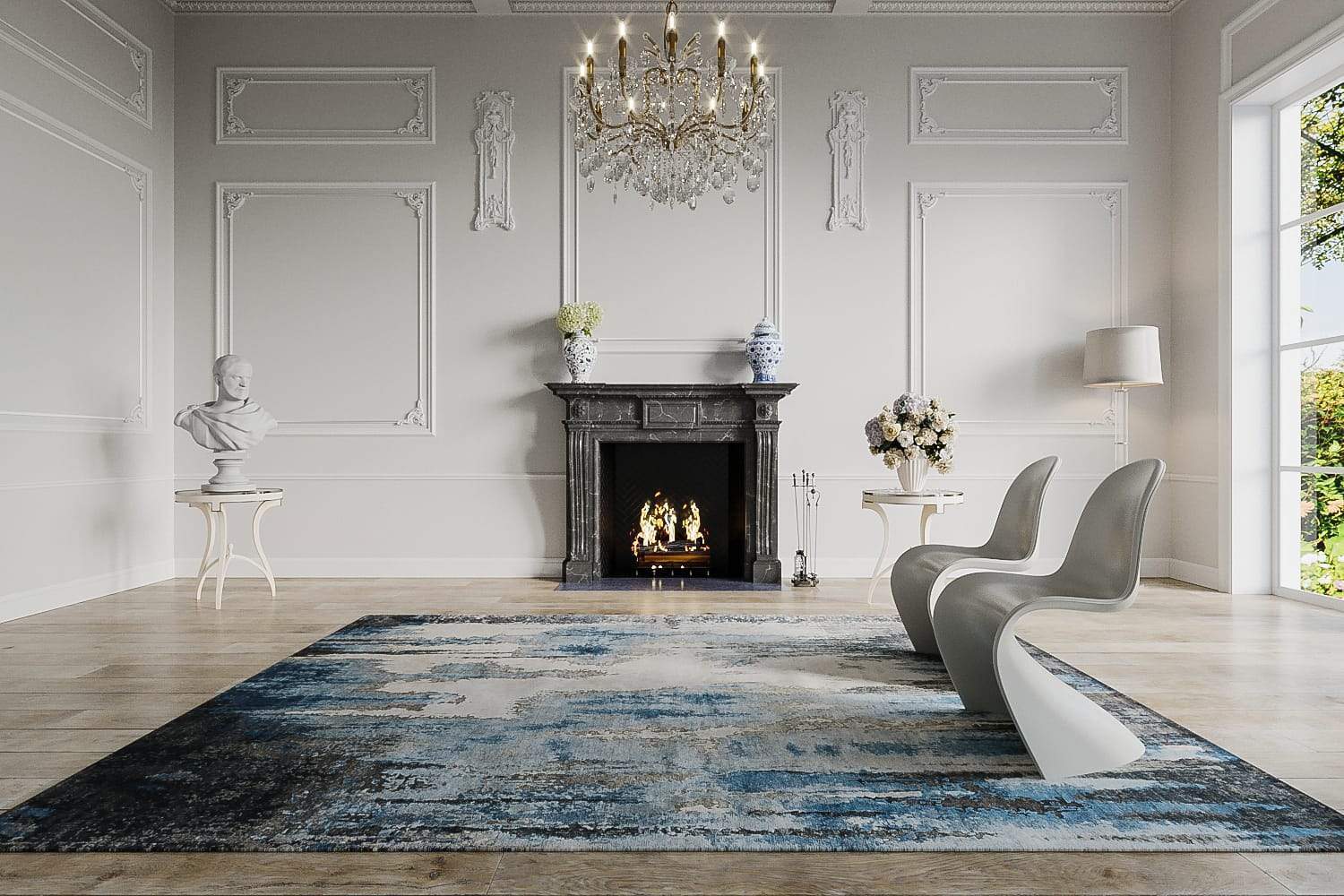 Installation image of Caverns Blue Steel, a hand knotted rug designed by Tufenkian room-image