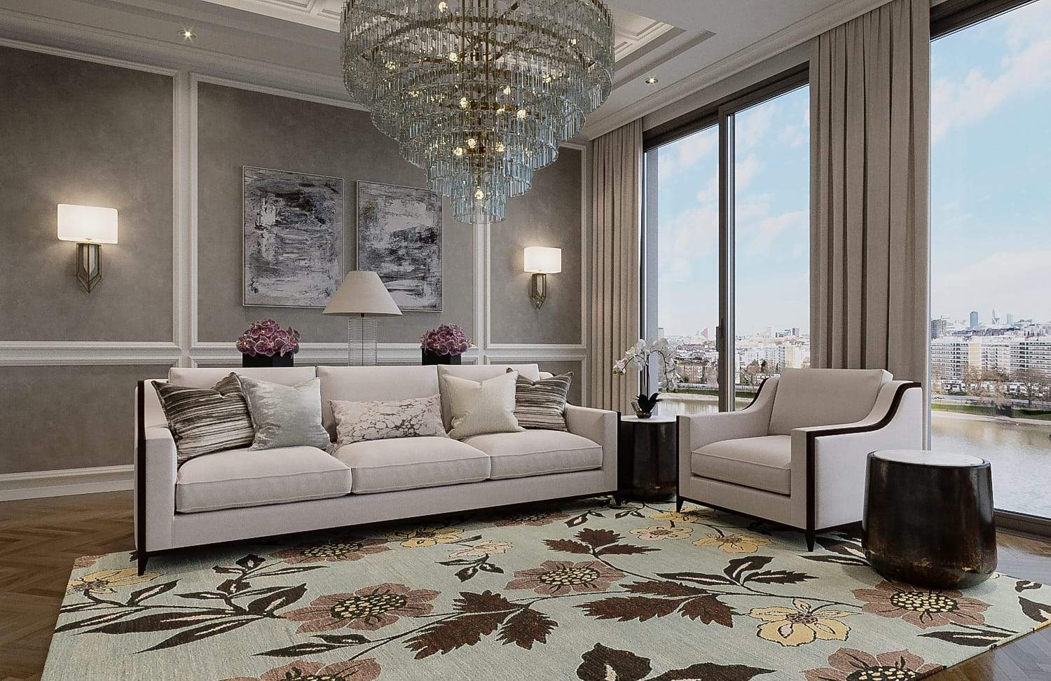 Installation shot of Chelsea Garden Autumn Frost, a hand knotted rug designed by Tufenkian Artisan Carpets. room-image