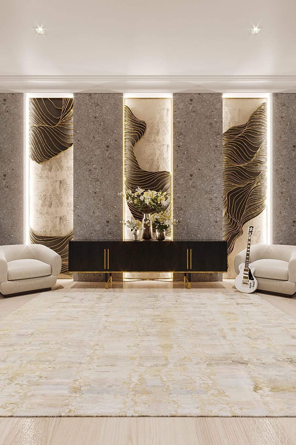 Installation shot of Desert II Grey Gold, a hand knotted rug designed by Tufenkian Artisan Carpets. room-image