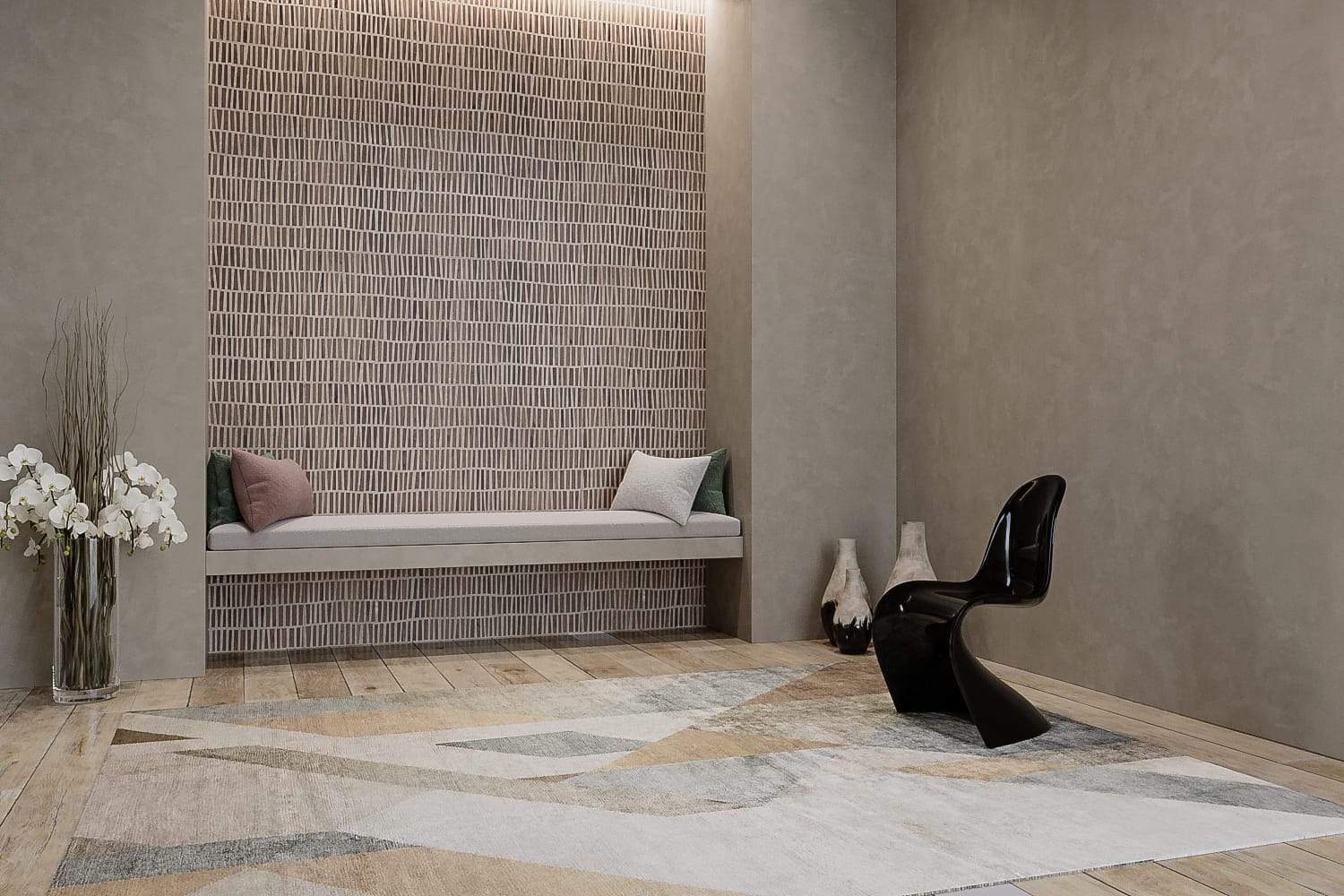 Installation shot of Delano Tan, a hand knotted rug designed by Tufenkian Artisan Carpets. room-image