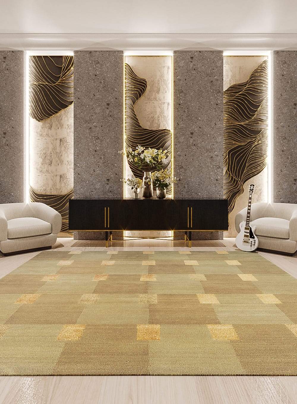 Installation shot of Double Square Soapstone, a hand knotted rug designed by Tufenkian Artisan Carpets. room-image