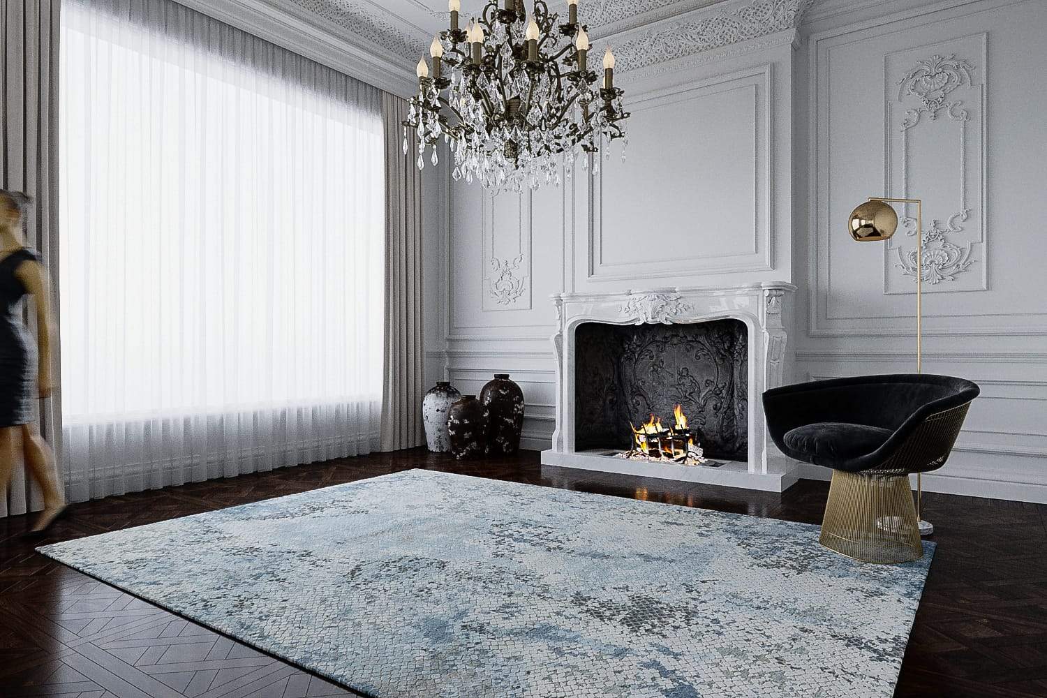 Installation shot of Foundry Cornflower, a hand knotted rug designed by Tufenkian Artisan Carpets. room-image