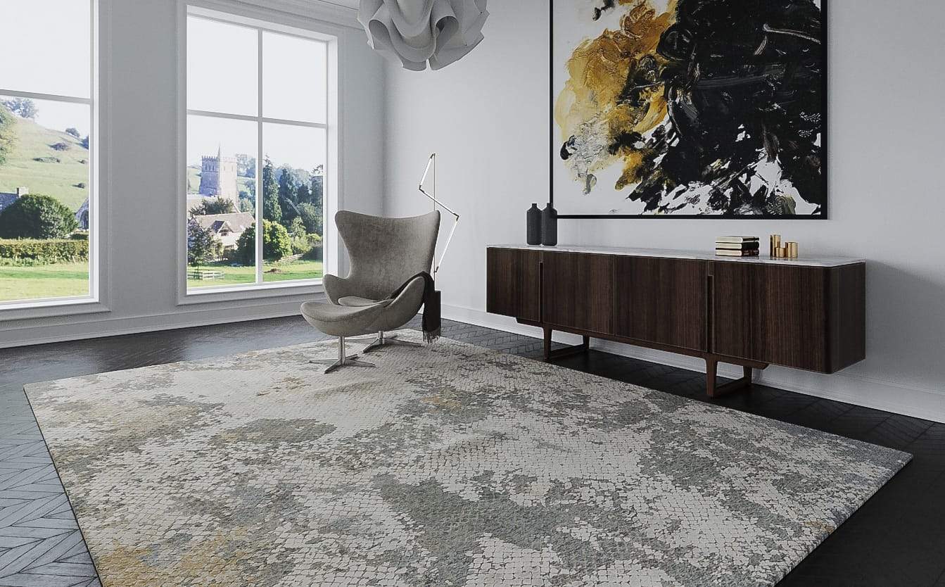 Installation shot of Foundry Travertine, a hand knotted rug designed by Tufenkian Artisan Carpets. room-image