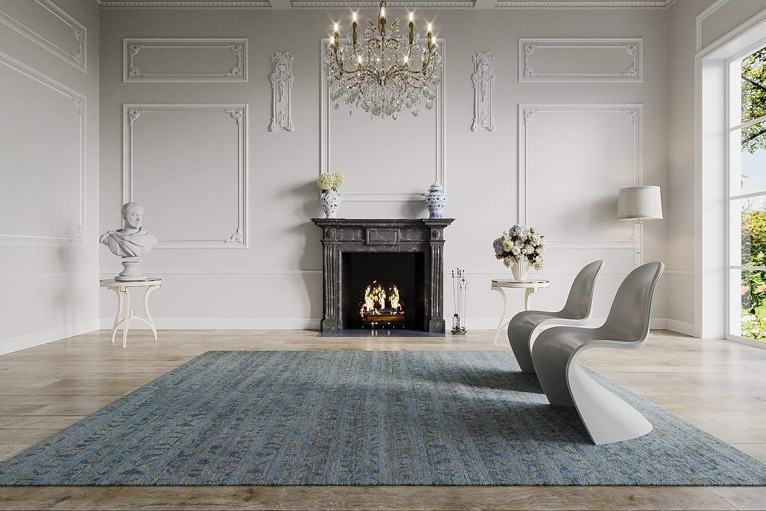Installation shot of Fast Forward Smokey Blue, a hand knotted rug designed by Tufenkian Artisan Carpets. room-image