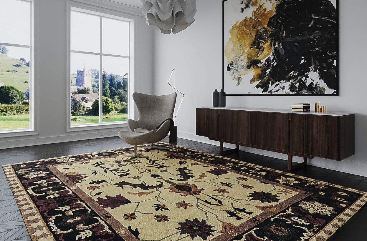 Installation shot of Floral Heriz Cornsilk, a hand knotted rug designed by Tufenkian Artisan Carpets. room-image