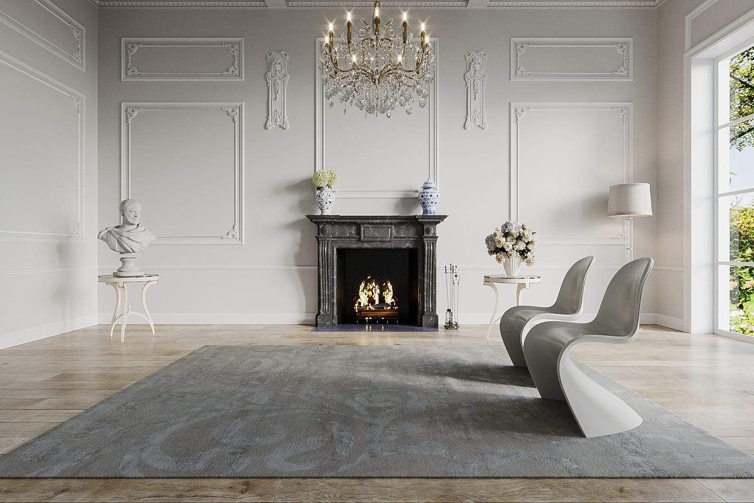 Installation shot of Flourish Smoke, a hand knotted rug designed by Tufenkian Artisan Carpets. room-image