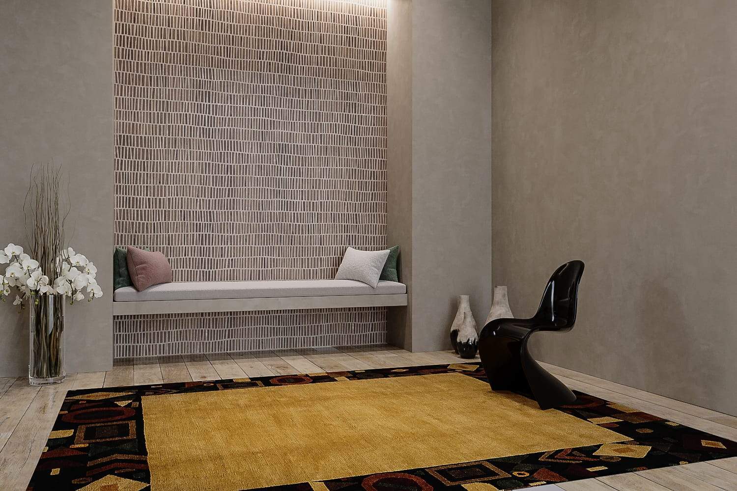 Installation shot of Geometry Cornsilk, a hand knotted rug designed by Tufenkian Artisan Carpets. room-image