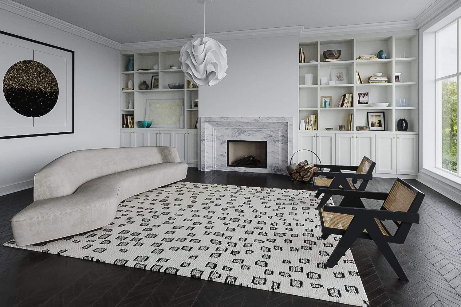 Installation of Higashi White Black, a hand knotted rug designed by Tufenkian Artisan Carpets. room-image