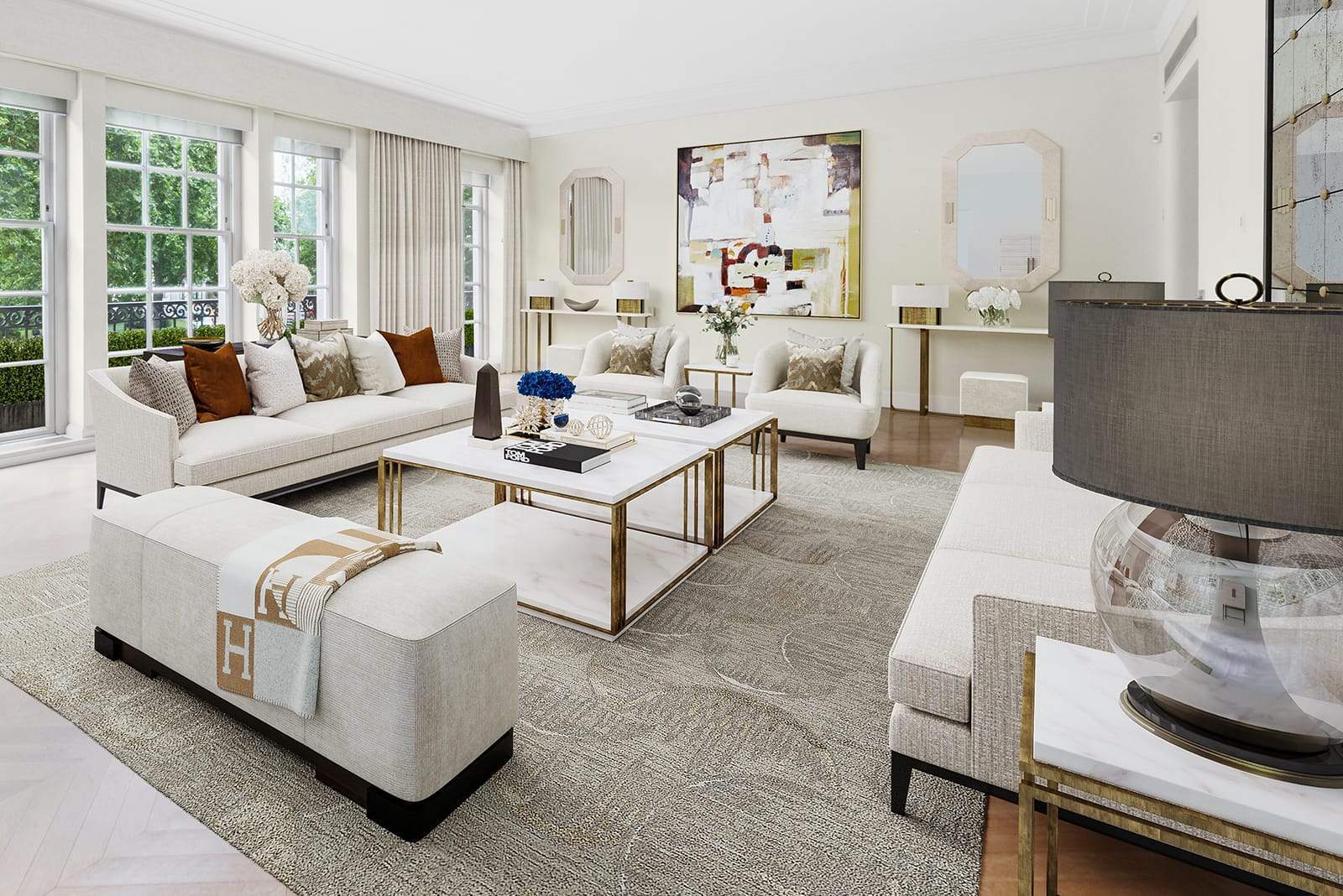 Installation shot of Heavenly Bisque, a hand knotted rug designed by Tufenkian Artisan Carpets. room-image