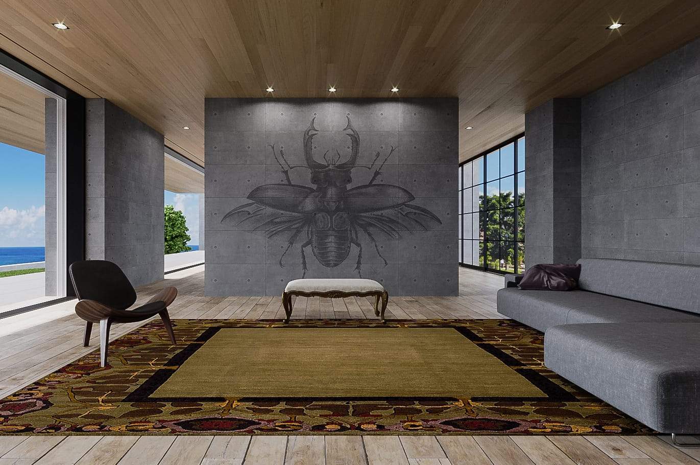 Installation shot of Inverness Border Nocturne, a hand knotted rug designed by Tufenkian Artisan Carpets. room-image