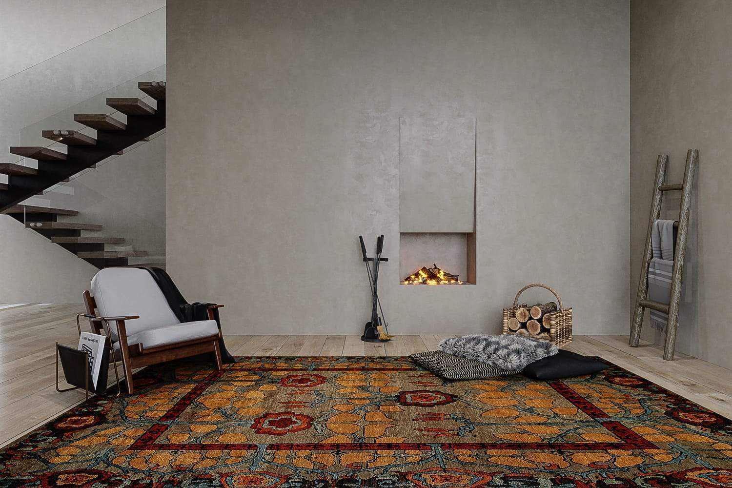 Installation shot of Inverness Truffle, a hand knotted rug designed by Tufenkian Artisan Carpets. room-image