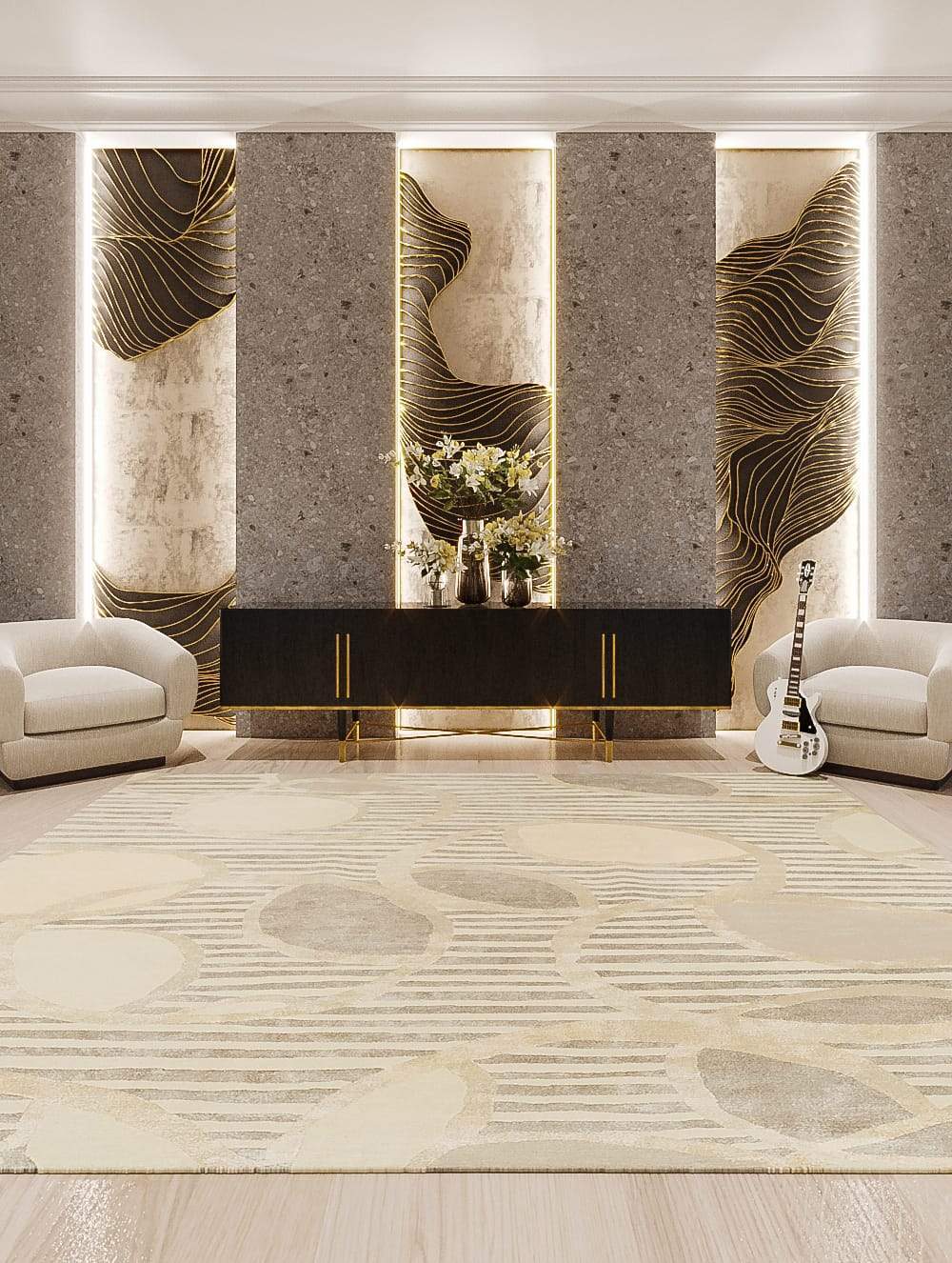 Installation shot of Ione Silver Moon, a hand knotted rug designed by Tufenkian Artisan Carpets. room-image