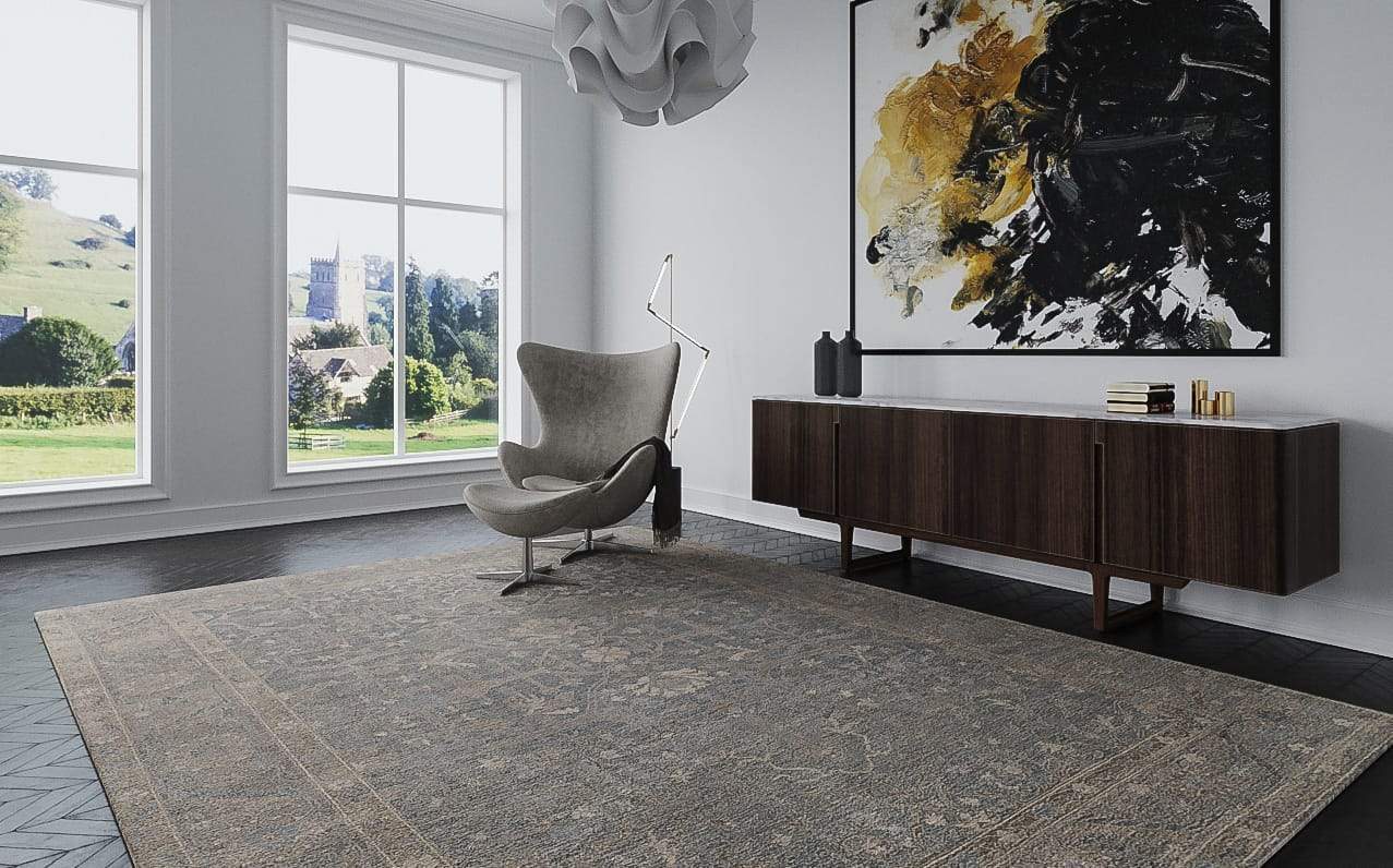 Installation shot of Jozan Glacier, a hand knotted rug designed by Tufenkian Artisan Carpets. room-image