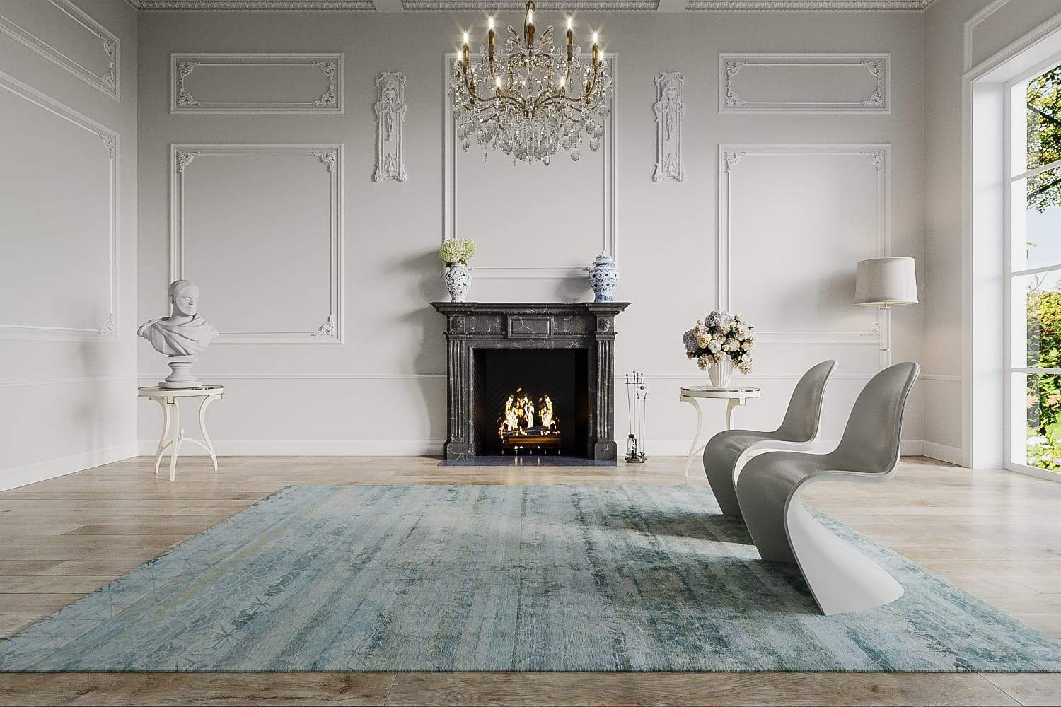 Installation shot of Kimono Turquoise, a hand knotted rug designed by Tufenkian Artisan Carpets. room-image