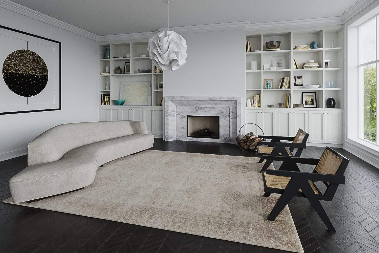 Installation shot of Kent Ivory Brown, a hand knotted rug designed by Tufenkian Artisan Carpets. room-image