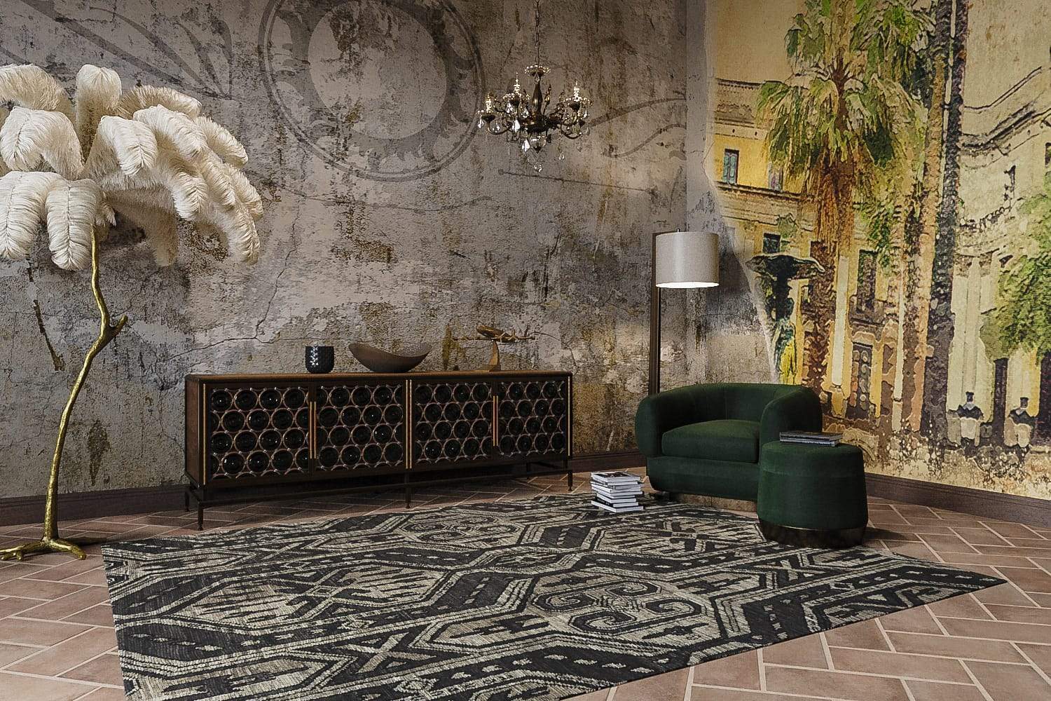 Installation shot of Lakota Coal, a hand knotted rug designed by Tufenkian Artisan Carpets. room-image
