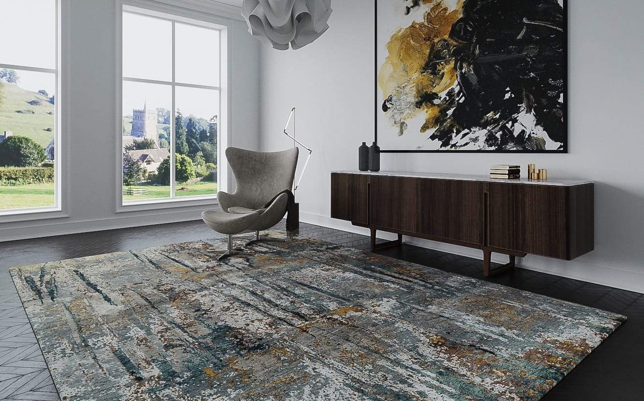 Installation shot of Luminance Rusty Slate, a hand knotted rug designed by Tufenkian Artisan Carpets. room-image