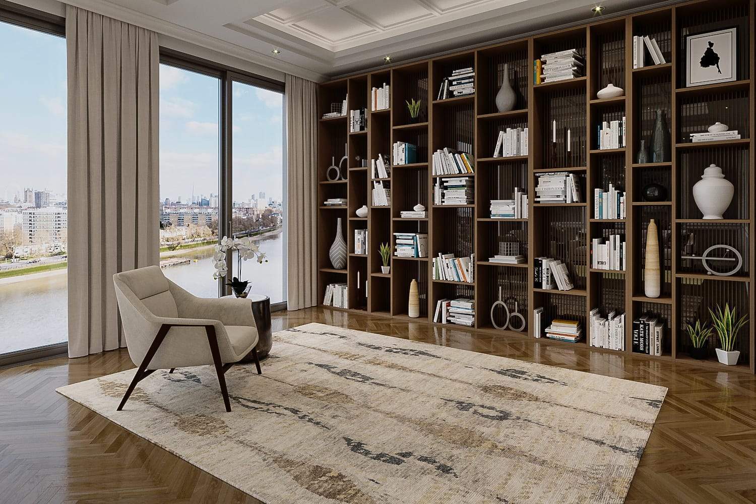 Installation shot of Miri II Tan, a hand knotted rug designed by Tufenkian Artisan Carpets. room-image