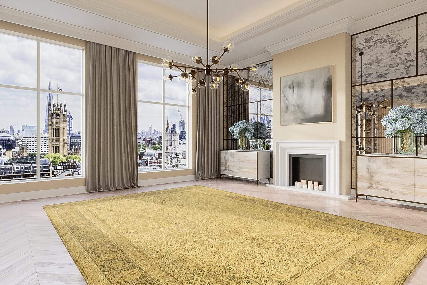 Installation shot of Mahabad Parchment Sheared, a hand knotted rug designed by Tufenkian Artisan Carpets. room-image