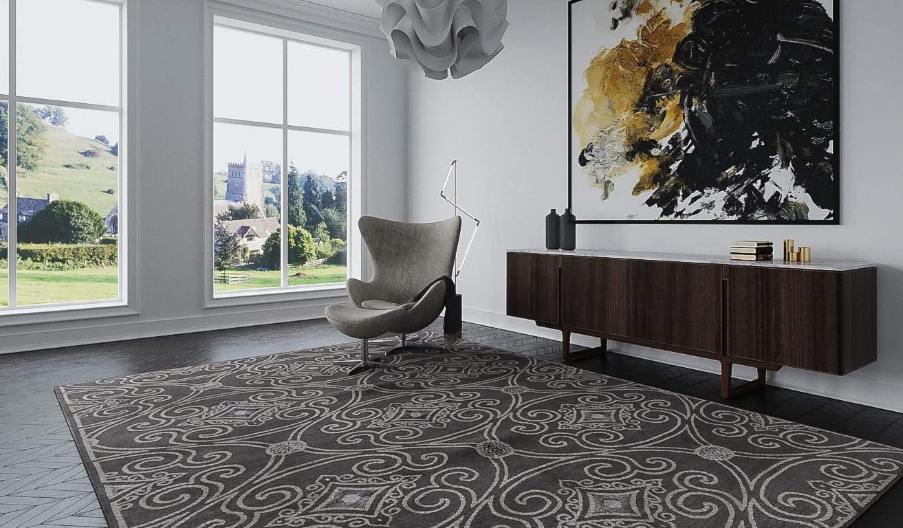 Installation shot of Marquis Pewter, a hand knotted rug designed by Tufenkian Artisan Carpets. room-image