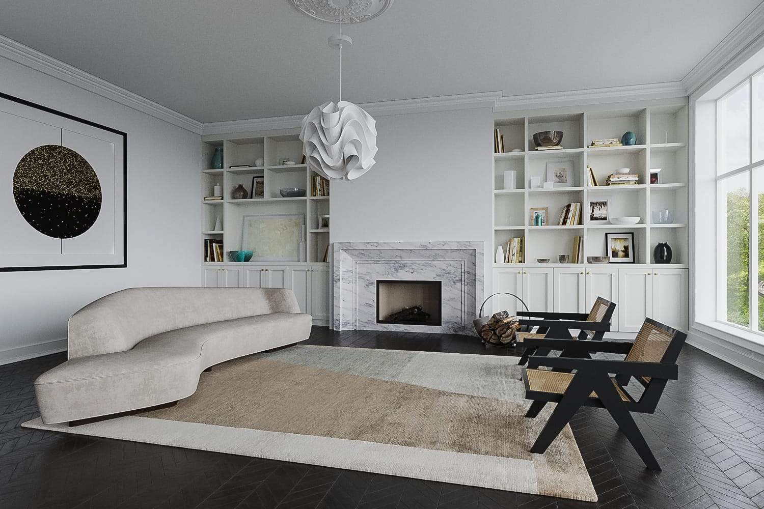Installation shot of Miramar Beige, a hand knotted rug designed by Tufenkian Artisan Carpets. room-image