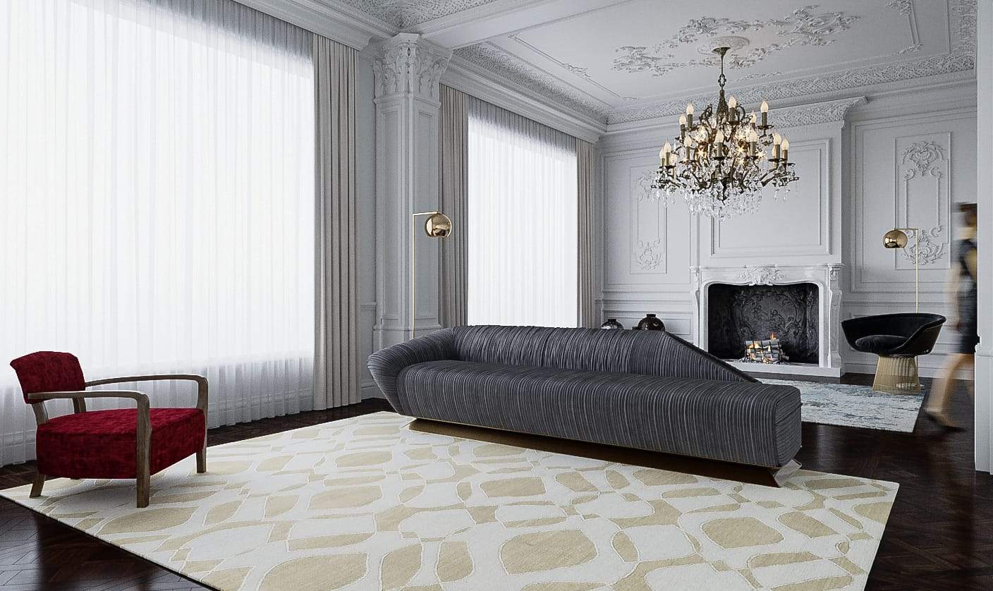 Installation shot of Mod Pongee, a hand knotted rug designed by Tufenkian Artisan Carpets. room-image