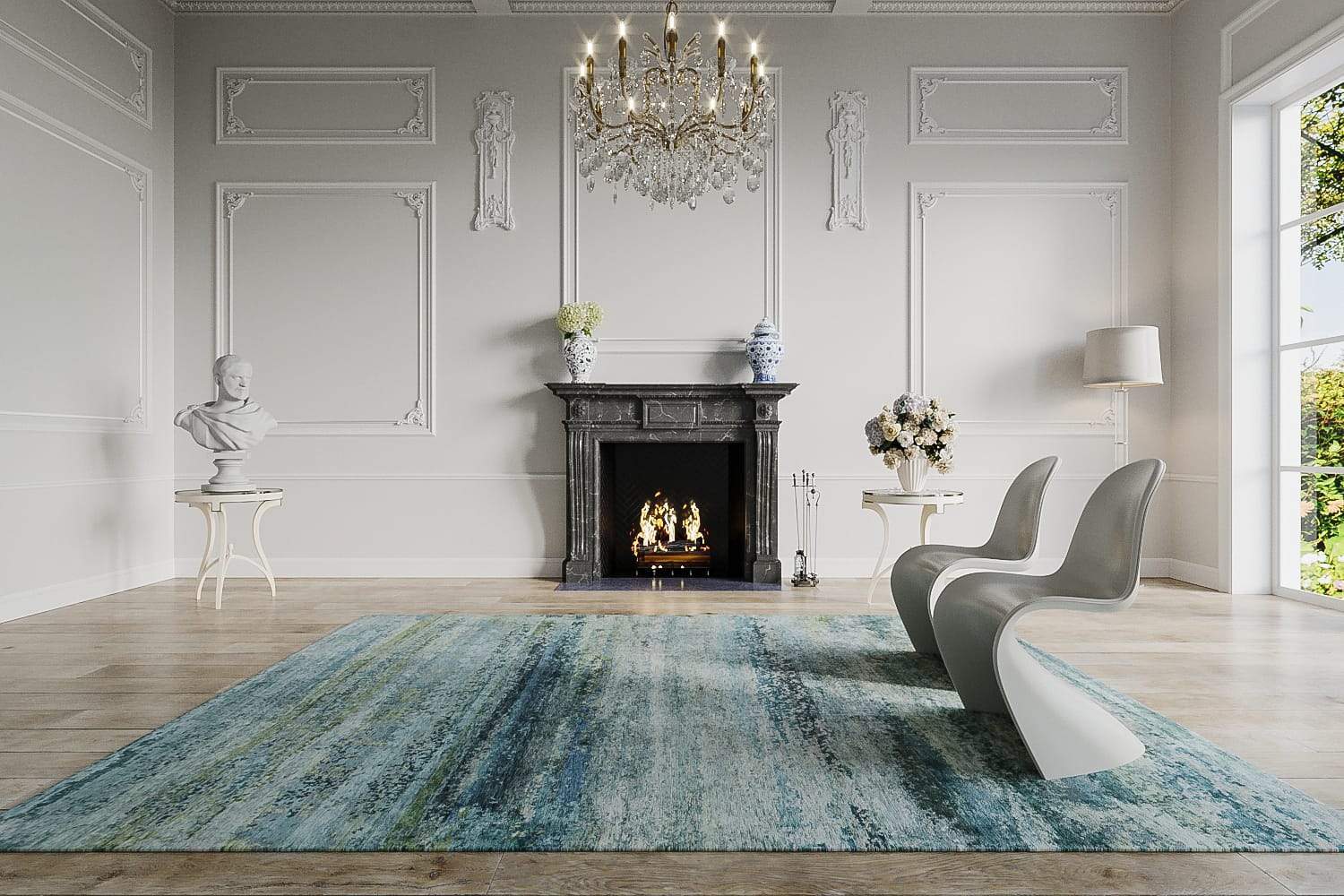 Installation shot of Prisma Aquamarine, a hand knotted rug designed by Tufenkian Artisan Carpets. room-image