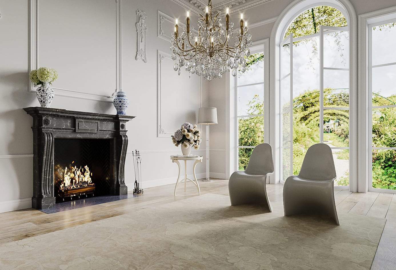 Installation shot of Peony Sand, a hand knotted rug designed by Tufenkian Artisan Carpets. room-image