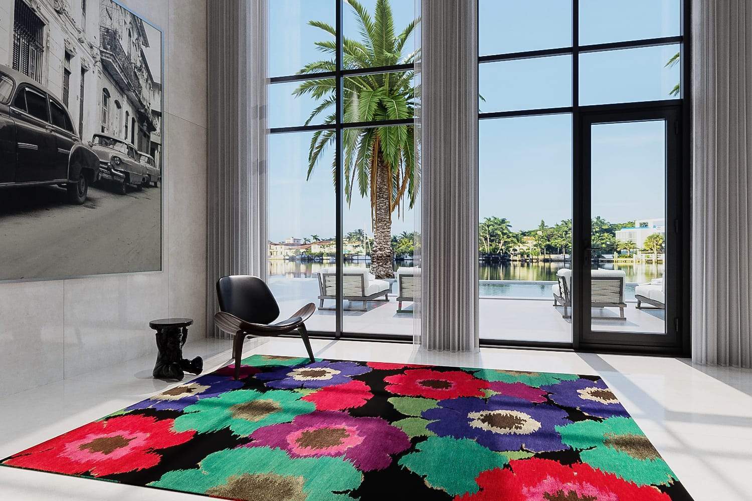 Installation shot of Posies Black, a hand knotted rug designed by Tufenkian Artisan Carpets. room-image