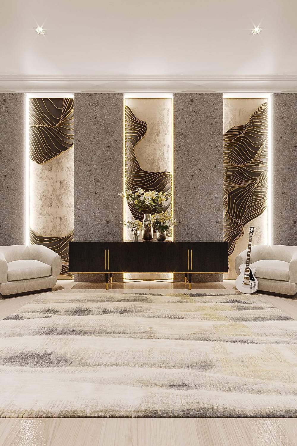 Installation shot of Range Gold, a hand knotted rug designed by Tufenkian Artisan Carpets. room-image