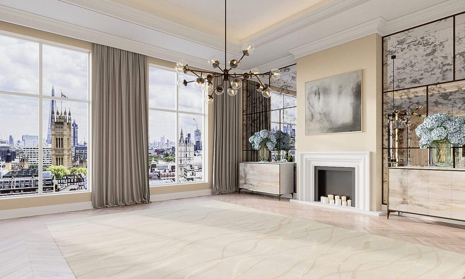 Installation shot of Ripple Platinum, a hand knotted rug designed by Tufenkian Artisan Carpets. room-image