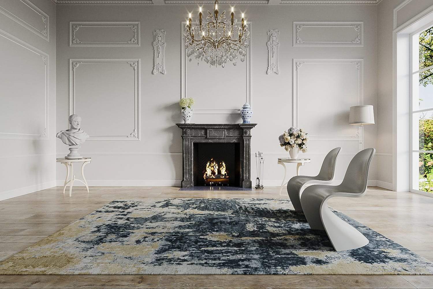 Lifestyle image of Sgraffito Obsidian Blue, a hand knotted rug by Tufenkian Artisan Carpets room-image