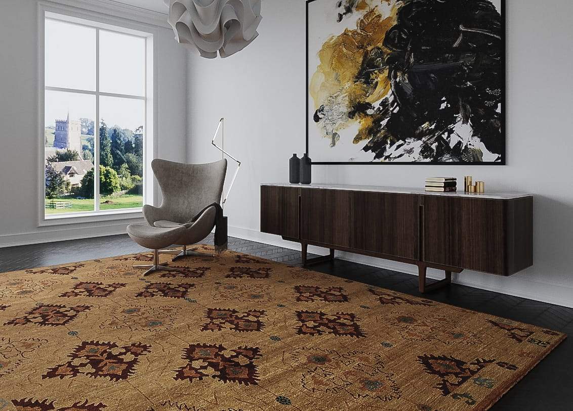 Installation shot of Samkara Butterscotch, a hand knotted rug designed by Tufenkian Artisan Carpets. room-image