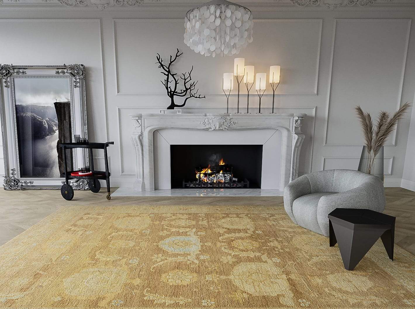 Installation shot of Sebastia Fawn, a hand knotted rug designed by Tufenkian Artisan Carpets. room-image