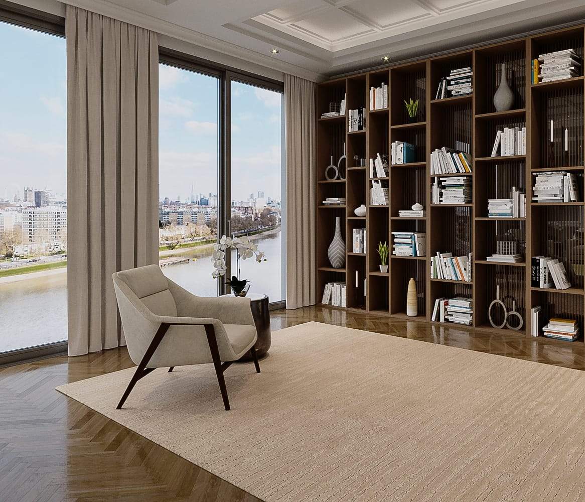 Installation shot of Shearling Otter, a hand knotted rug designed by Tufenkian Artisan Carpets. room-image