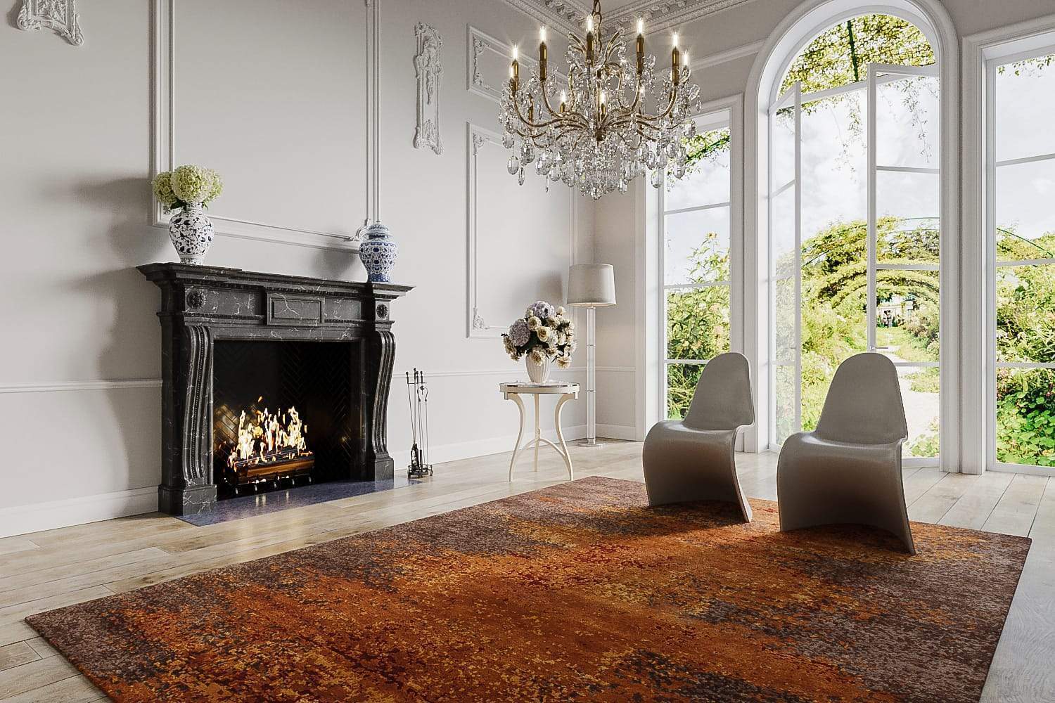 Installation shot of Sierra Red, a hand knotted rug designed by Tufenkian Artisan Carpets. room-image