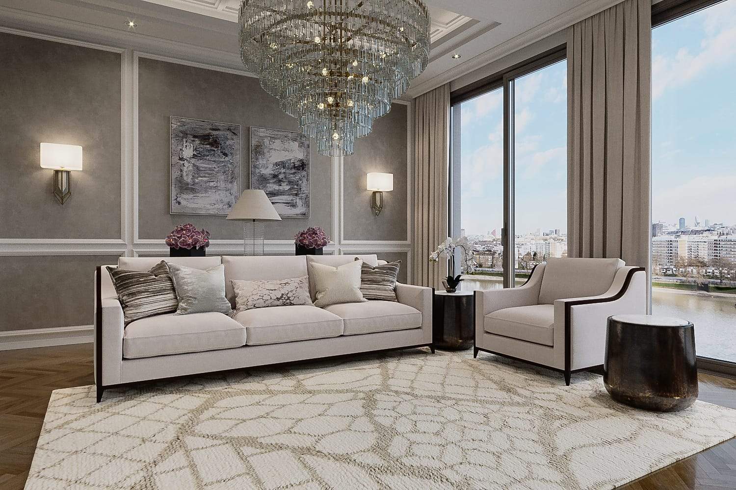 Installation shot of Uroko Tan, a hand knotted rug designed by Tufenkian Artisan Carpets. room-image