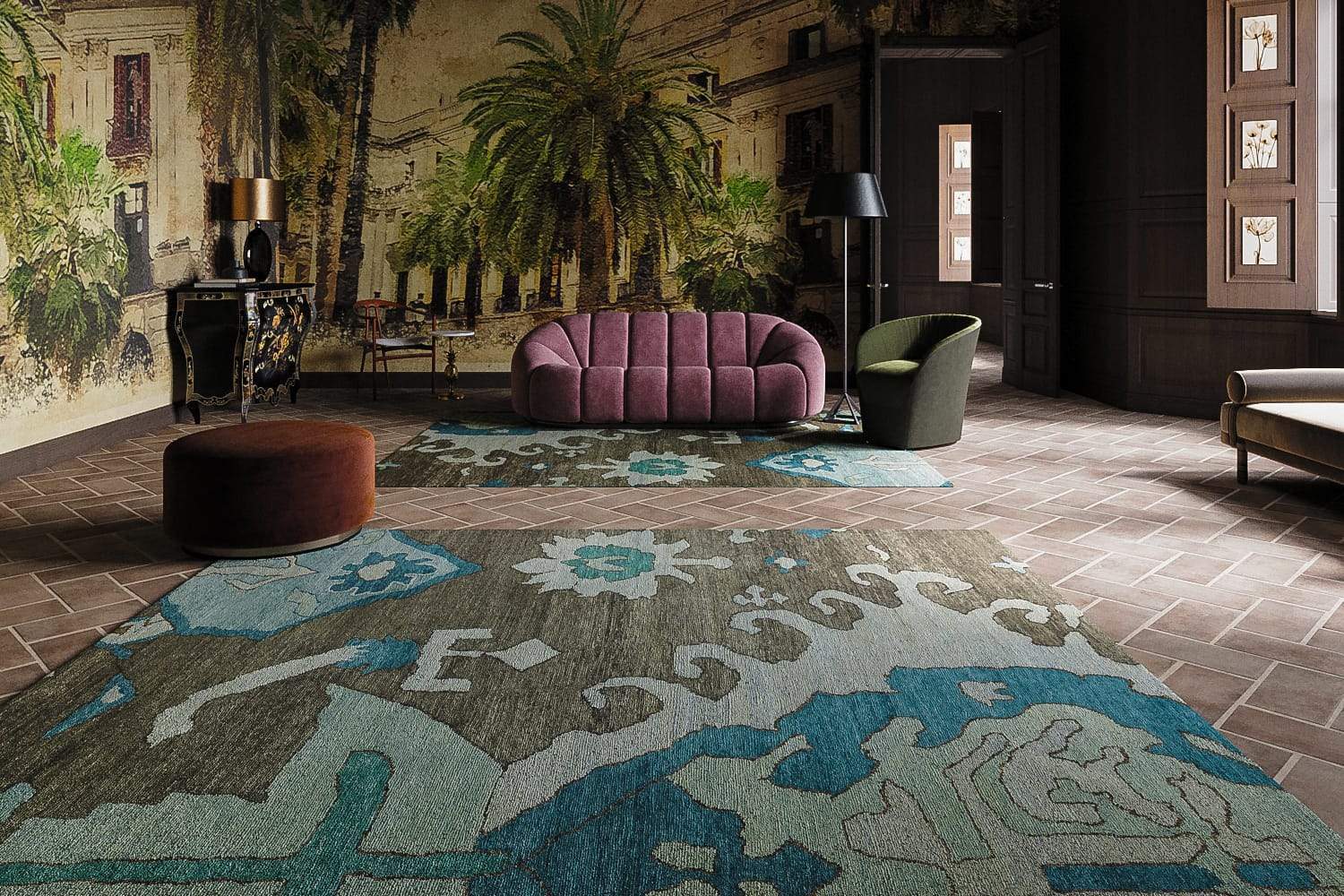 Installation shot of Volos Winter Lake, a hand knotted rug designed by Tufenkian Artisan Carpets. room-image